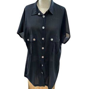 carmen marc valvo Resort Wear black semi sheer cover up shirt XL